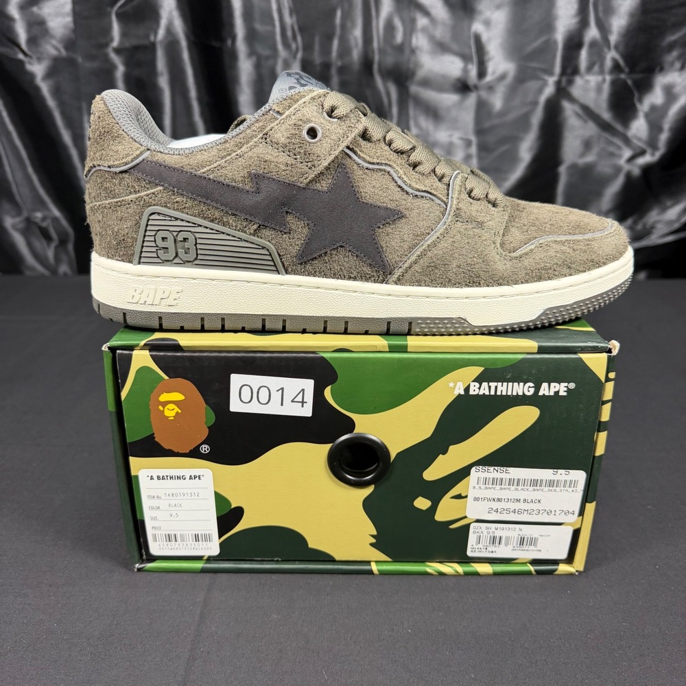 A Bathing Ape BAPE SK8 STA Black Grey Hairy Suede Sneakers 1K80191312 Mens 9.5
